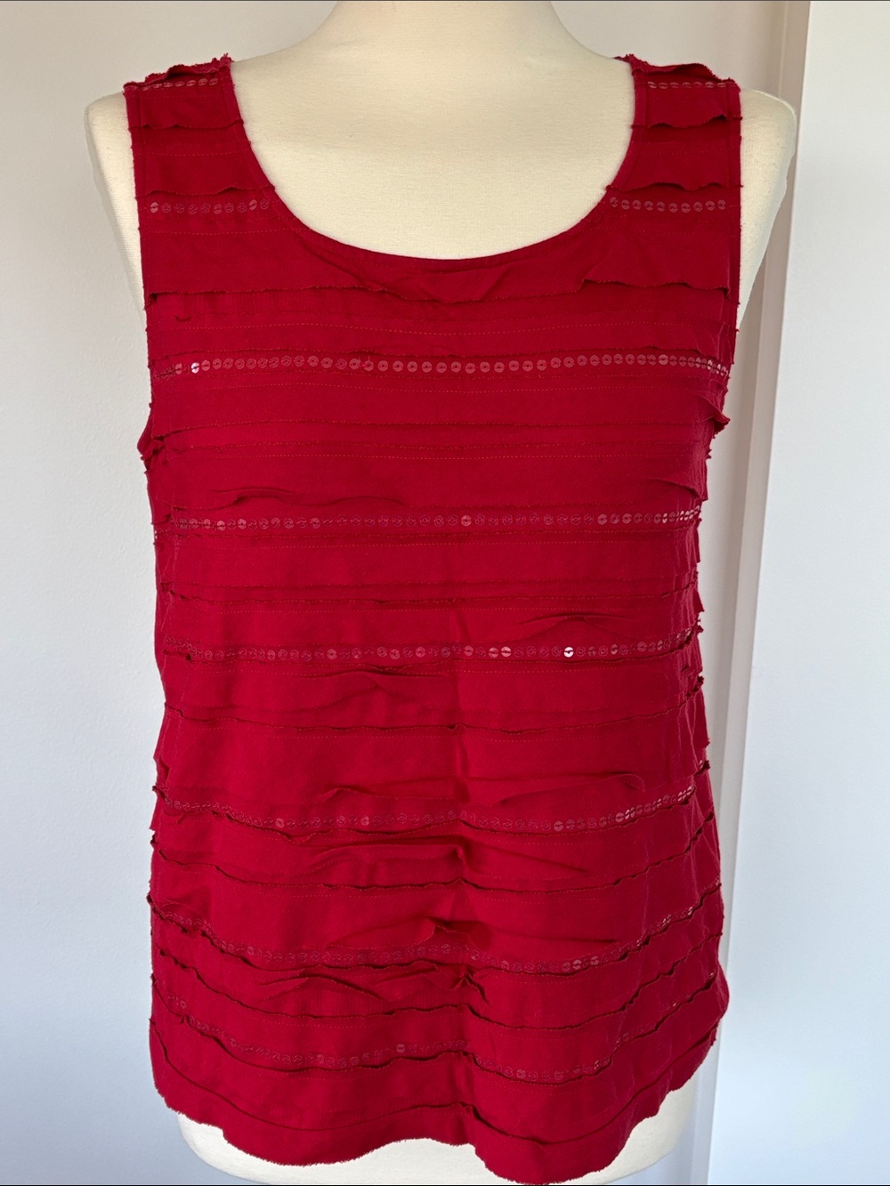 By Chico’s red ruffled and sequined tank top